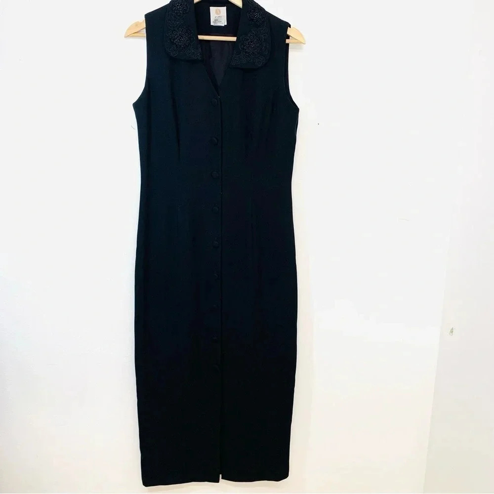 Studio Long Black Dress Sz 10 Button Front Sheath Embroidery Beads Lined Formal